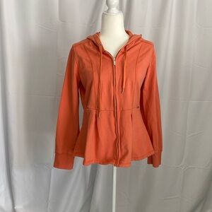 Preswick & Moore women’s sweatshirt with hood, orange, with pleats at waist